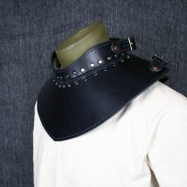 a man wearing a Handmade Leather Gorget Style 2.
