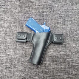 a Handmade Leather Snap Loop Pancake Holster Style 2 with a blue gun in it.