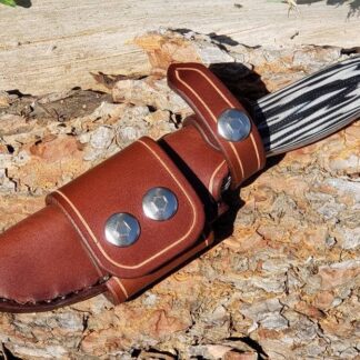 a leather knife case sitting on top of a rock.