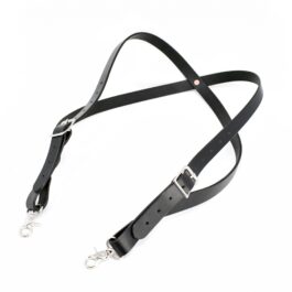 A pair of Handmade Leather Side Clip Suspenders with black leather straps and silver buckles.