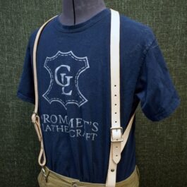 A mannequin wearing a t-shirt and Handmade Leather Side Clip Suspenders.