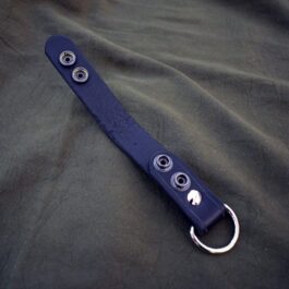 A blue Leather Dangler Loop with buttons on it.