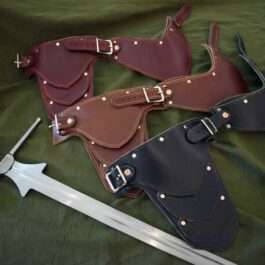 Three Handmade Leather Gorget Style 1 with a sword.