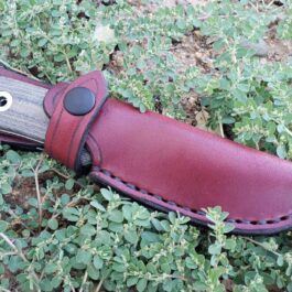 A Leather Sheath for the Benchmade Pardue Hunter with eyes on it laying in the grass.