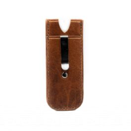 a Handmade Leather Pocket Slip With Clip for a cell phone.