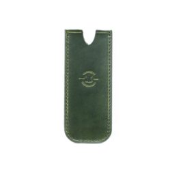 A green Handmade Leather Pocket Slip with a smiley face on it.