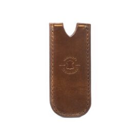 A handmade Bison Leather Pocket Slip with a logo on it.