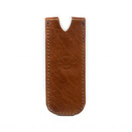 A brown Handmade Leather Pocket Slip with a white handle.
