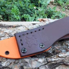a Kydex sheath for the Benchmade Pardue Hunter sitting on top of a tree.
