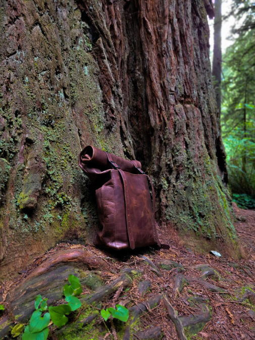 brown Bison Leather Roll Top Rucksack in the woods - renaissance clothing - renaissance clothing men - renaissance clothing women - renaissance clothing near me - renaissance art clothing - renaissance era clothing - renaissance costume ideas