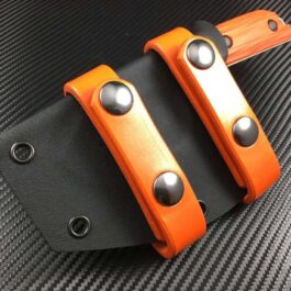 A pair of orange handles on a black Kydex Sheath for the Benchmade Nestucca Cleaver.