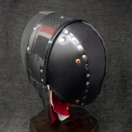 A Riveted Leather Back Of the Head Protection on top of a wooden stand.
