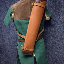 a green and brown Suede Elven Jerkin with a brown umbrella.