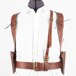 A white shirt and a Leather Short Cuirass on a mannequin.