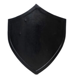 A handmade wooden shield on a white background.
