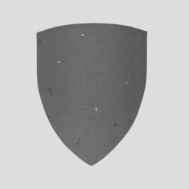 A gray Handmade Wooden Shield with holes in the middle of it.