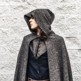 gray boiled wool cloak front hood up