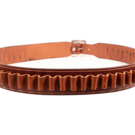 a light brown leather belt with bullet loops on a white background