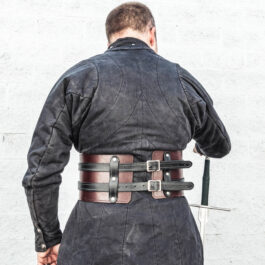 The rear view of a man wearing a kidney belt